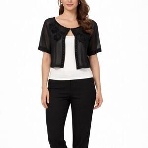 Pretty Angel Black Sheer Cropped Cardigan Top Beaded Floral Size Small